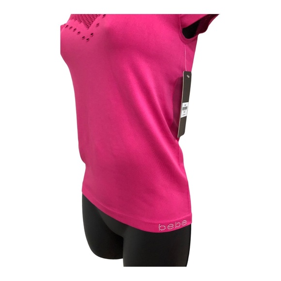 Bebe hot pink mesh rhinestone bebe logo scuba fit stretch active top size XS/S - Picture 5 of 14